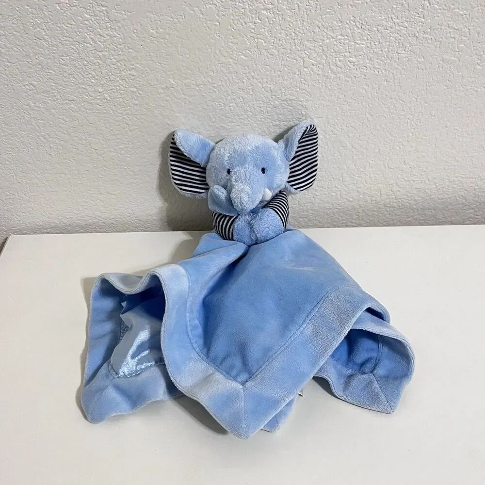 Carter's Blue Elephant Security Blanket Lovey Lovie Rattle Striped Satin Back